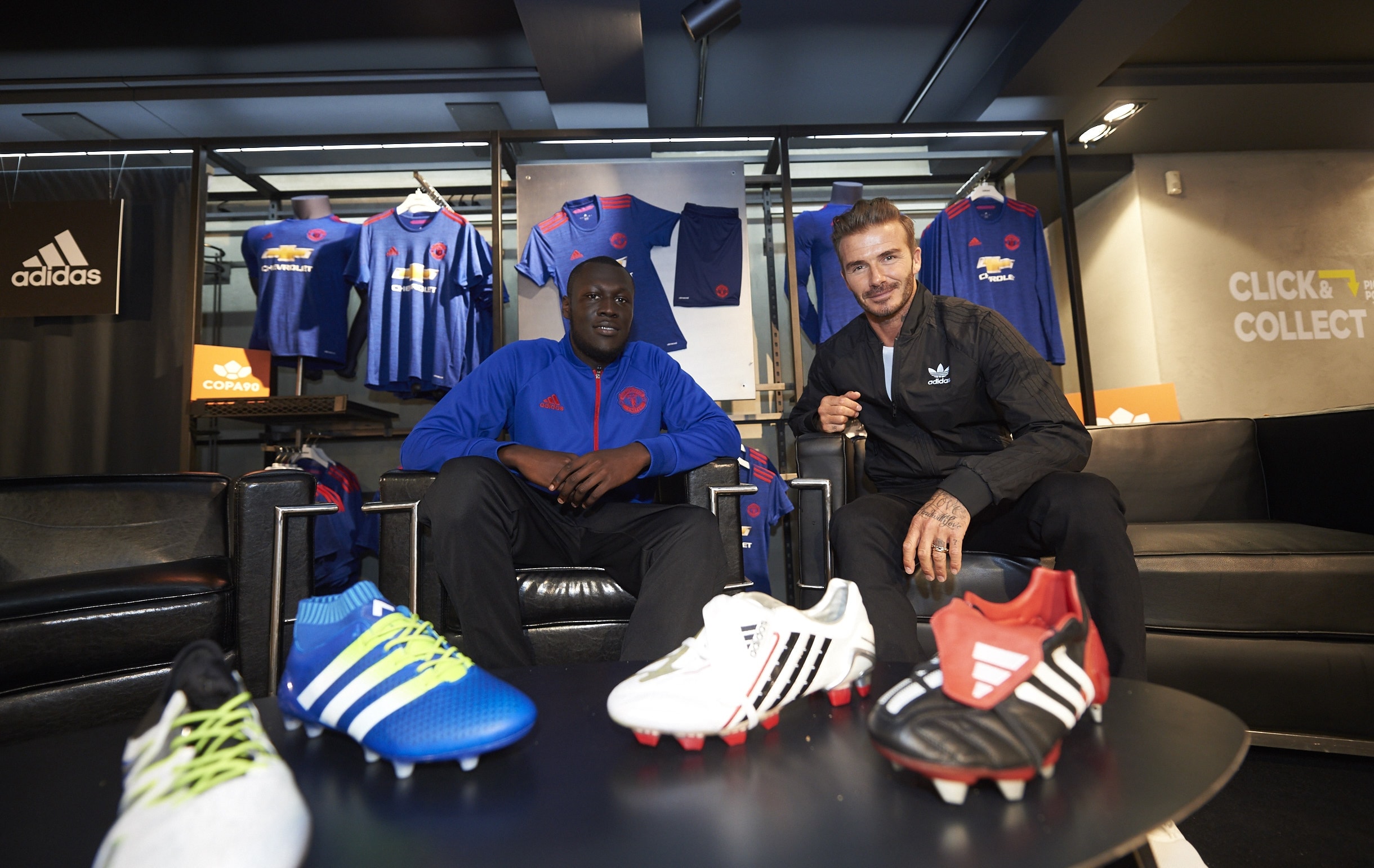 SURPRISE IN STORE: Lifelong Man Utd fan Stormzy meets his idol David Beckham on stage in the newly re-opened adidas store on Oxford Street (Credit: Ben Duffy / adidas UK)