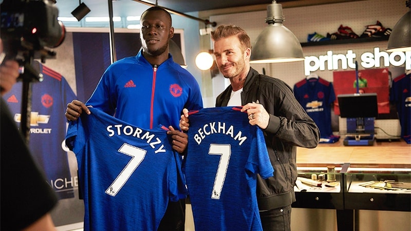 GRIME OF HIS LIFE: David Beckham and grime musician Stormzy show off the new Man Utd Away kit at the refurbished adidas Store on Oxford Street (Credit: Ben Duffy / adidas UK)